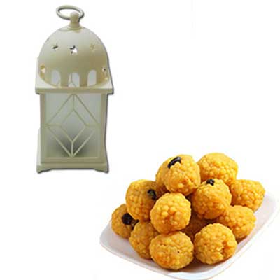 "Flameless Antique white Lantern Lamp, 500gms of Laddu - Click here to View more details about this Product